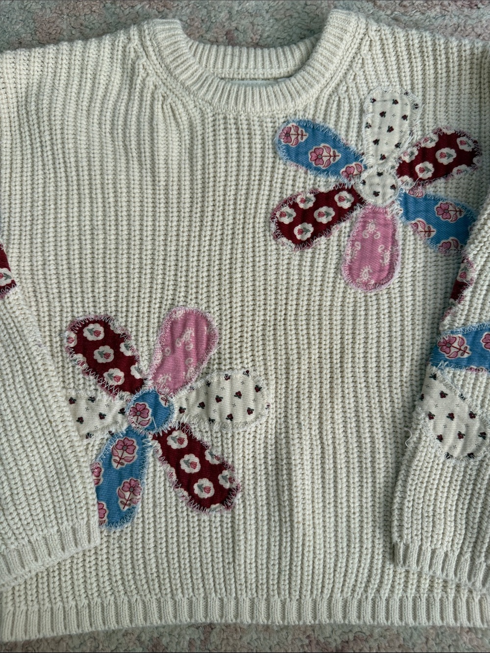 Zara Cream Sweater with Pink Blue and Red Quilt Floral Appliqués - Size 4
